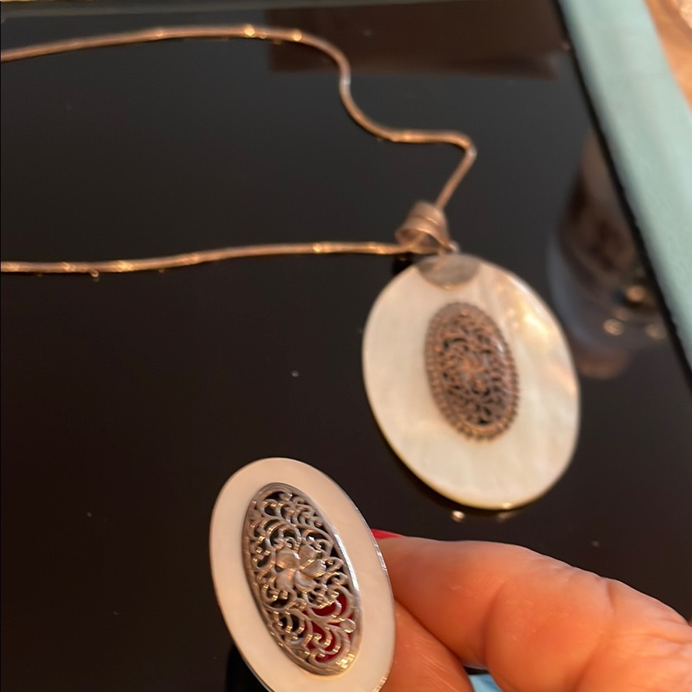Silver and White Pendant Necklace and ring set